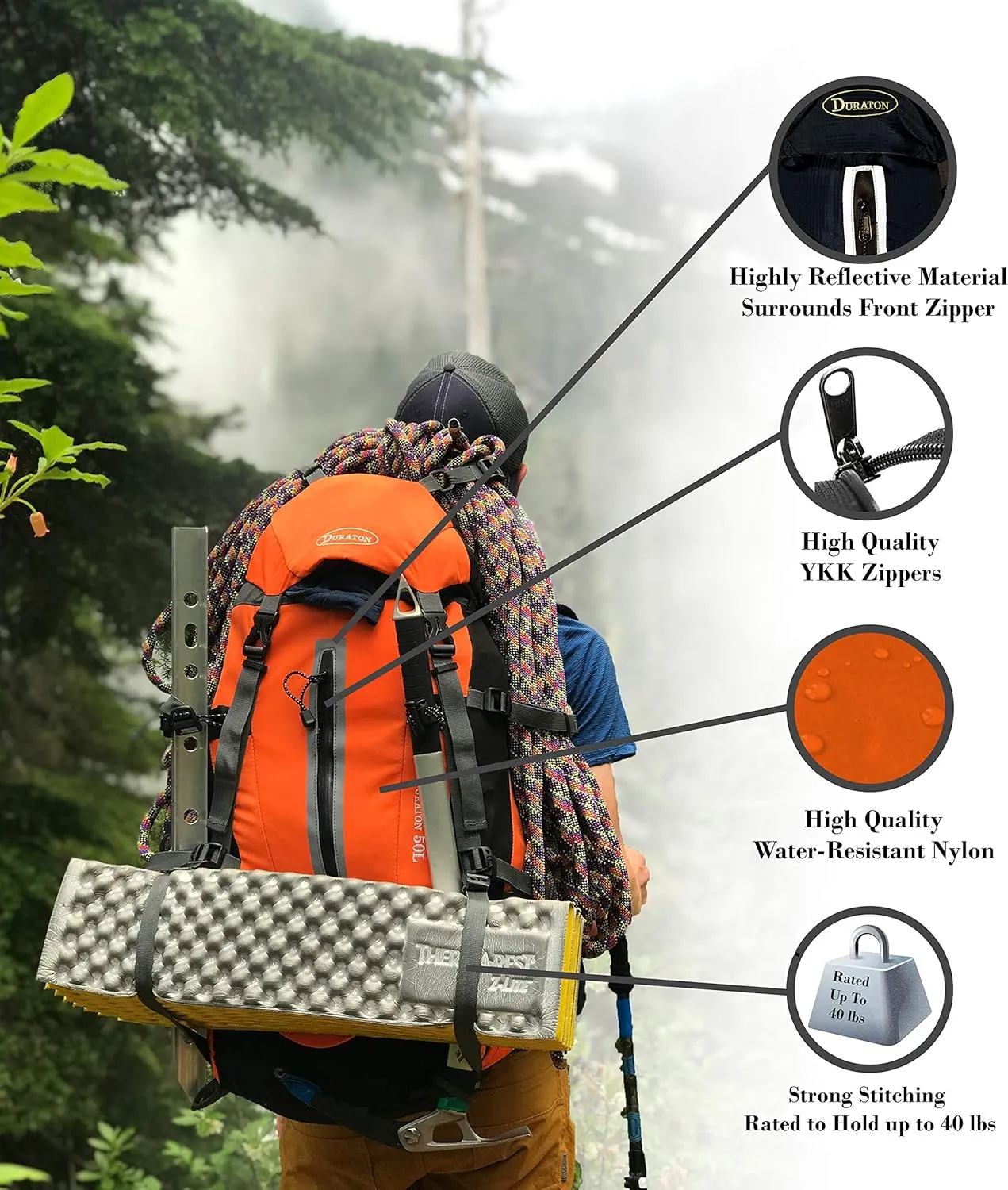 Hiking Backpack 50L, Water Resistant Light-Weight Day Pack for Backpacking Camping and Travel