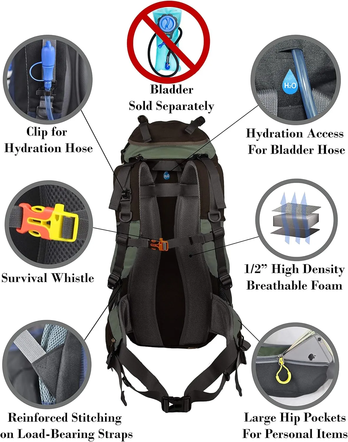 Hiking Backpack 50L, Water Resistant Light-Weight Day Pack for Backpacking Camping and Travel