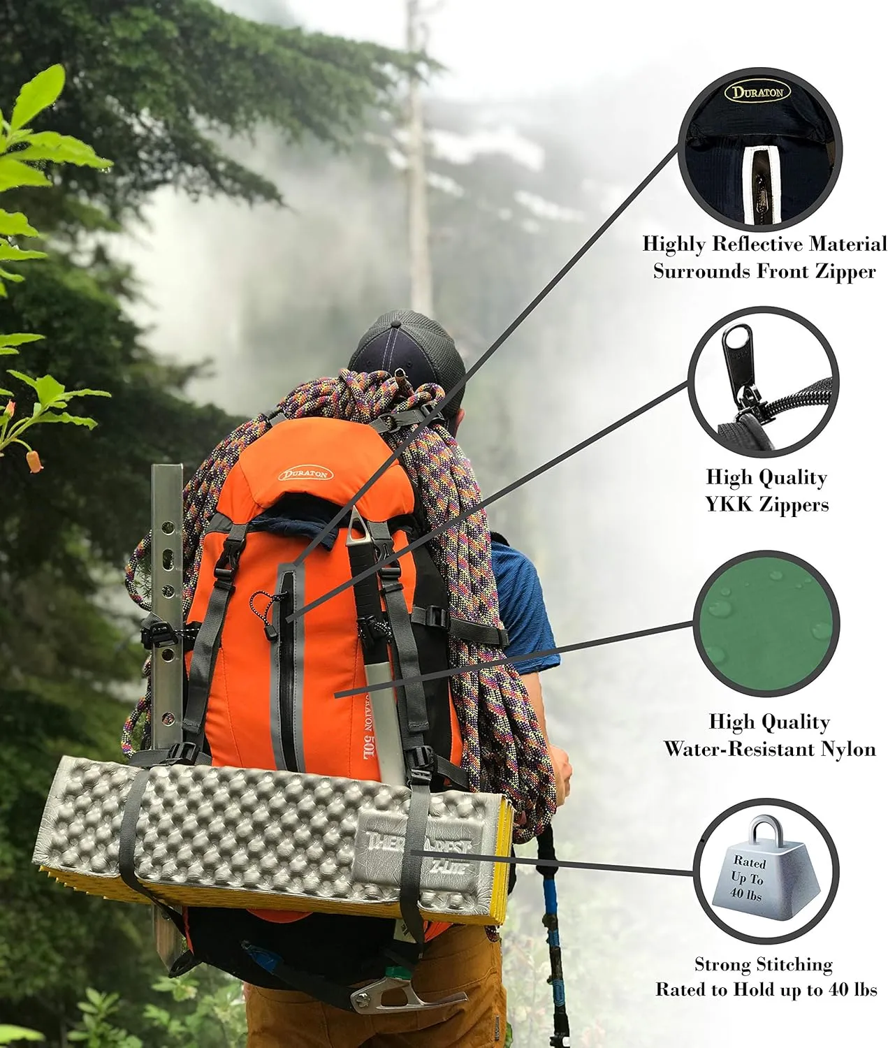 Hiking Backpack 50L, Water Resistant Light-Weight Day Pack for Backpacking Camping and Travel