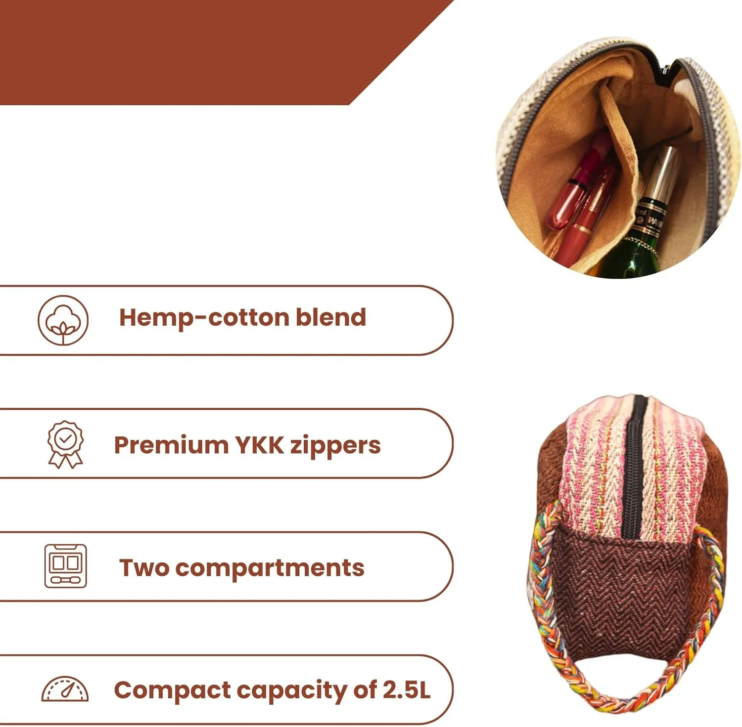 Himalayan Hemp Toiletry Kit, Brown  Durable Travel Organizer Pouch, Compact Water-Resistant Wash Bag