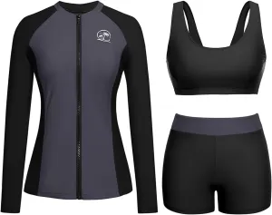 Holipick Long Sleeve Swimsuits for Women - 3 Piece Rash Guard with Shorts Zipper SPF Swim Shirt with Built in Bra