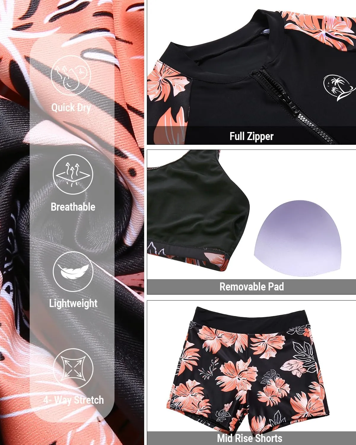 Holipick Long Sleeve Swimsuits for Women - 3 Piece Rash Guard with Shorts Zipper SPF Swim Shirt with Built in Bra