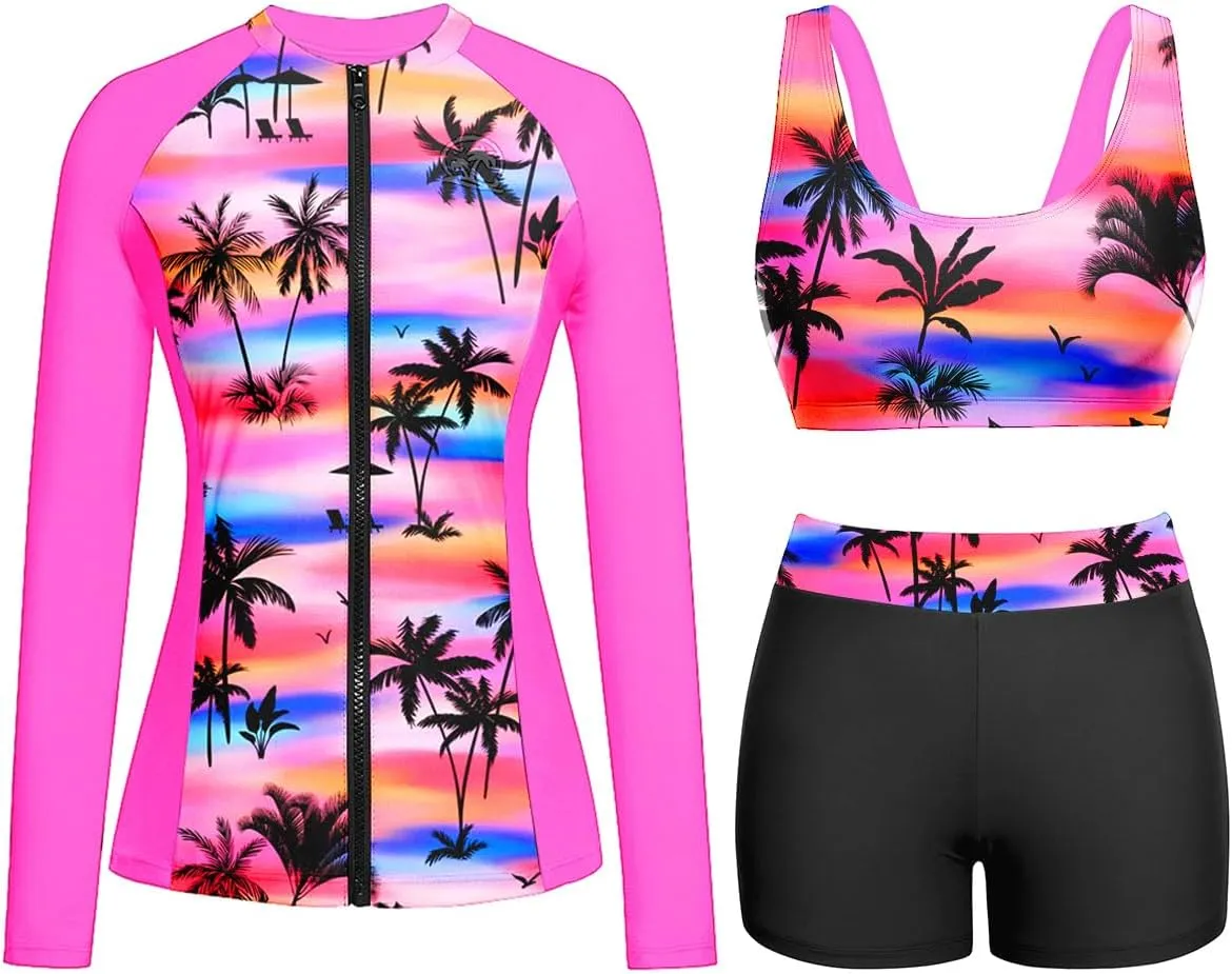 Holipick Long Sleeve Swimsuits for Women - 3 Piece Rash Guard with Shorts Zipper SPF Swim Shirt with Built in Bra