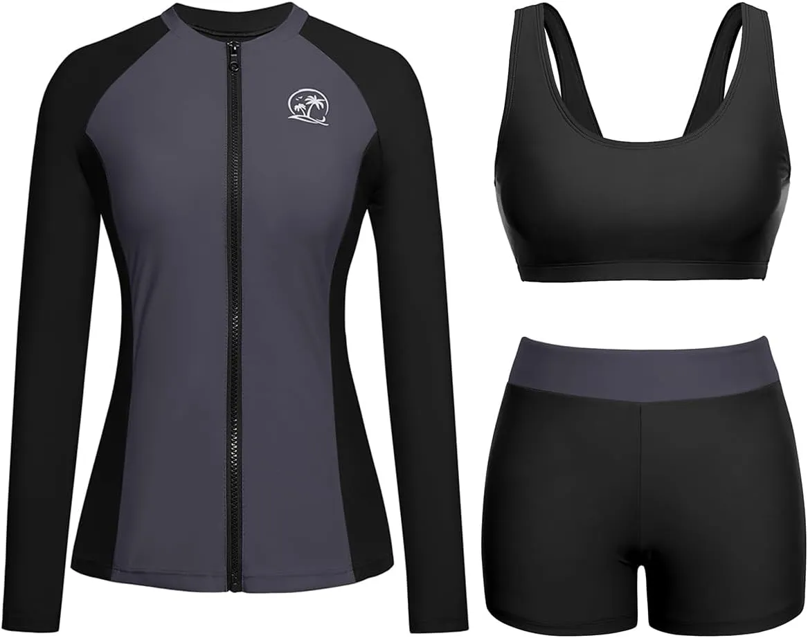 Holipick Long Sleeve Swimsuits for Women - 3 Piece Rash Guard with Shorts Zipper SPF Swim Shirt with Built in Bra