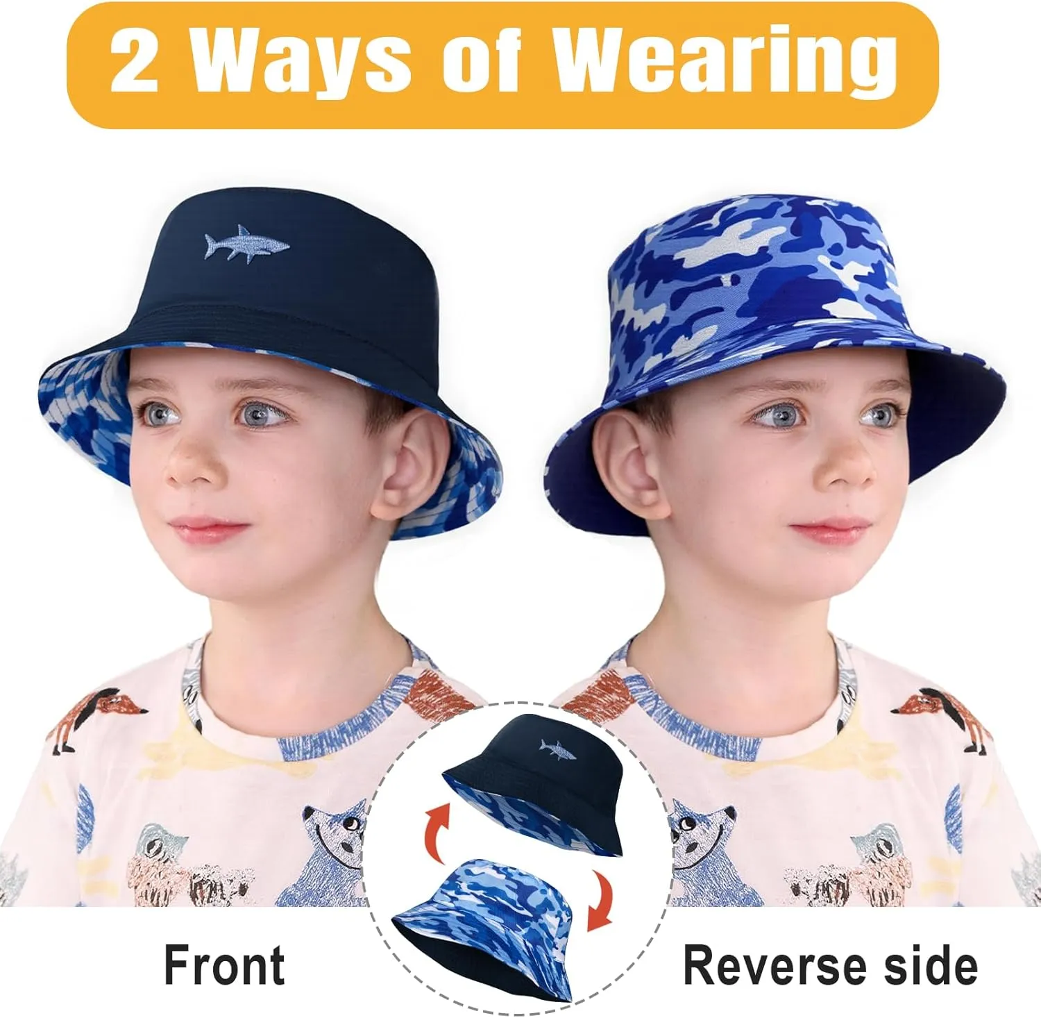 HONGTEYA Kids Sun Hat UPF 50  Double Side Bucket Hats for Boys Girls Summer Sun Protection Wide Brim Unisex Beach Outdoor