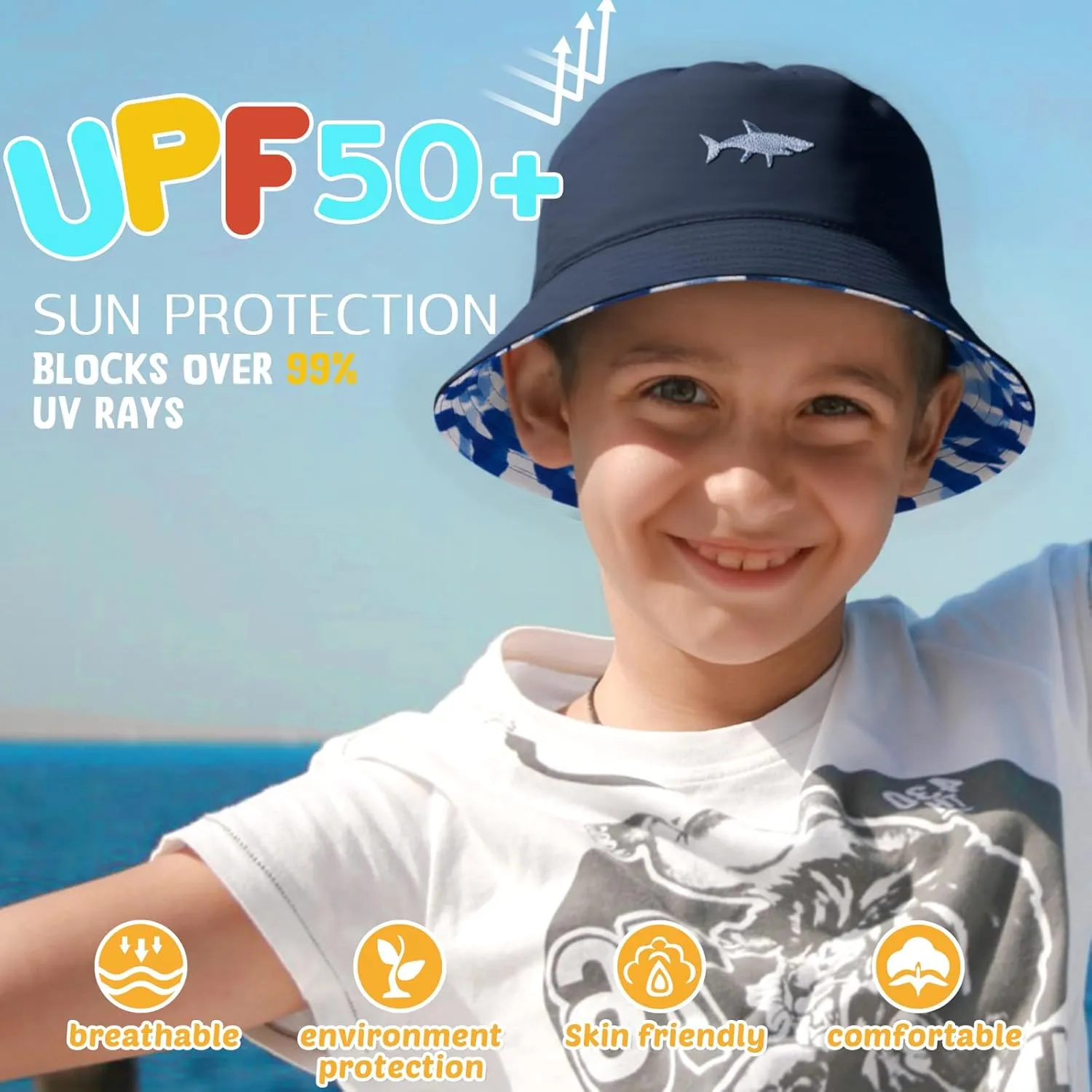 HONGTEYA Kids Sun Hat UPF 50  Double Side Bucket Hats for Boys Girls Summer Sun Protection Wide Brim Unisex Beach Outdoor