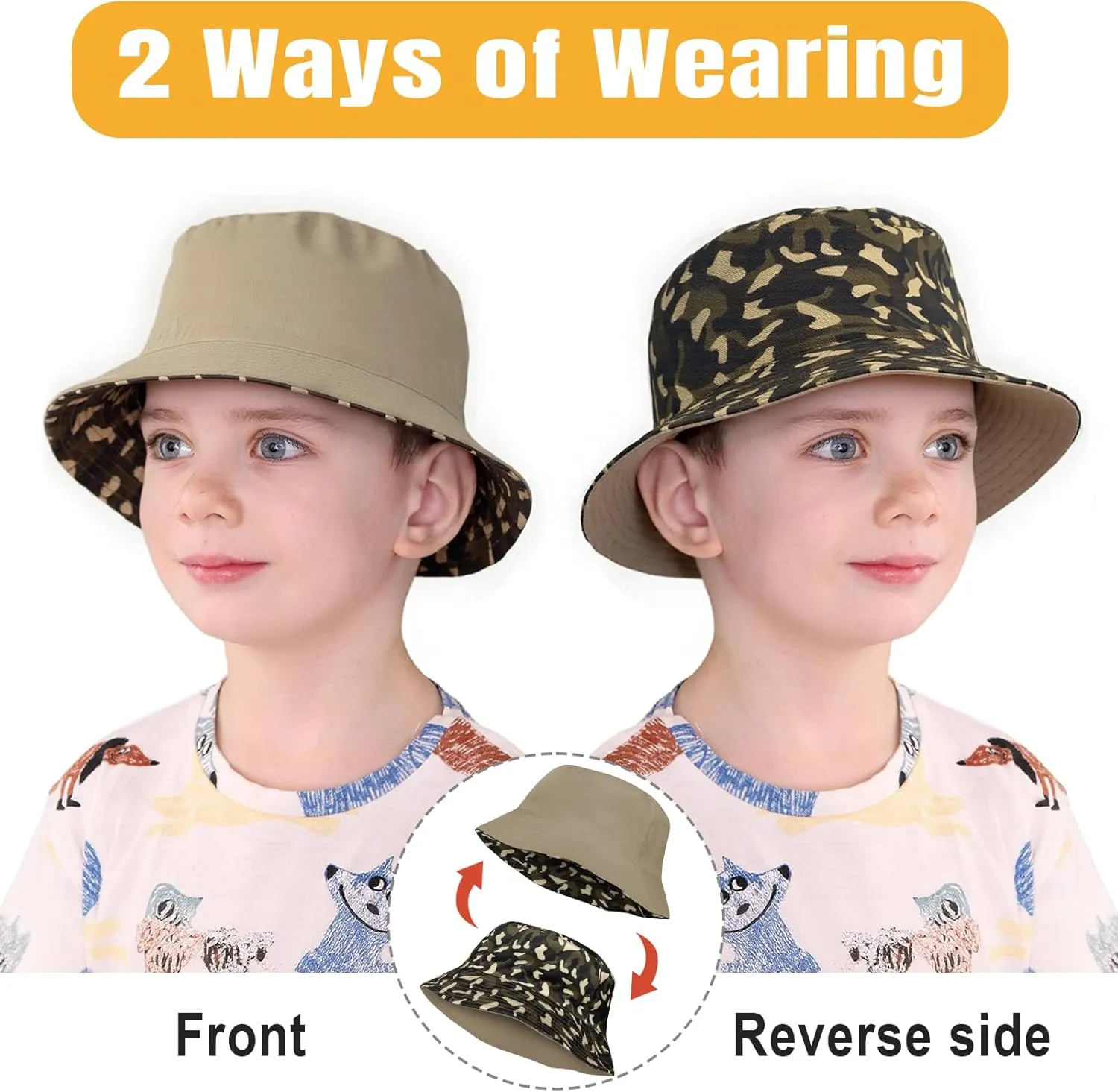 HONGTEYA Kids Sun Hat UPF 50  Double Side Bucket Hats for Boys Girls Summer Sun Protection Wide Brim Unisex Beach Outdoor