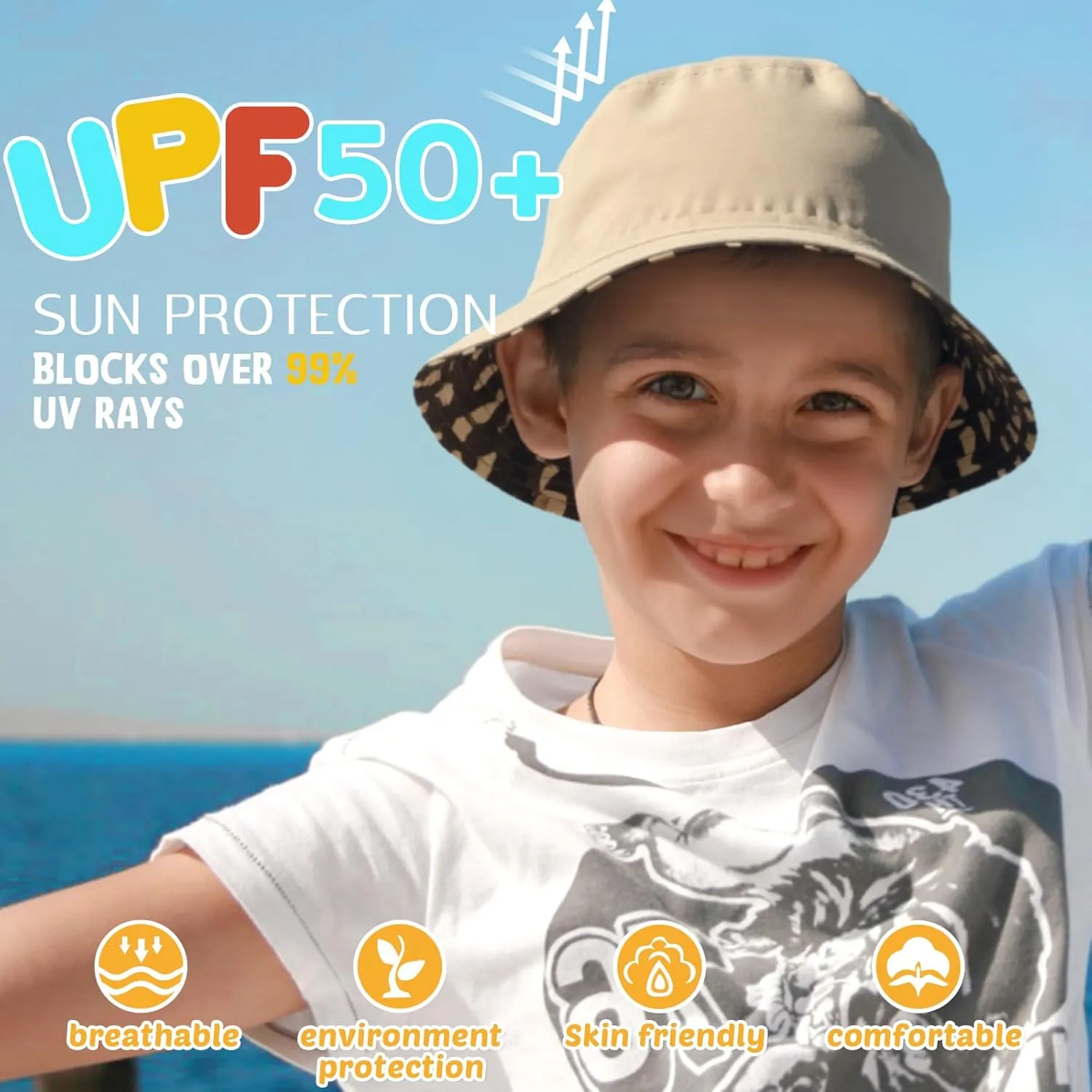 HONGTEYA Kids Sun Hat UPF 50  Double Side Bucket Hats for Boys Girls Summer Sun Protection Wide Brim Unisex Beach Outdoor