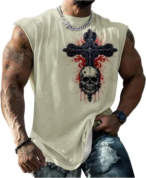 HOTYD Skull Print Graphic Tank Tops for Men Sleeveless Casual Cotton Shirts Big and Tall Muscle Shirts Bodybuilding Tank Tops