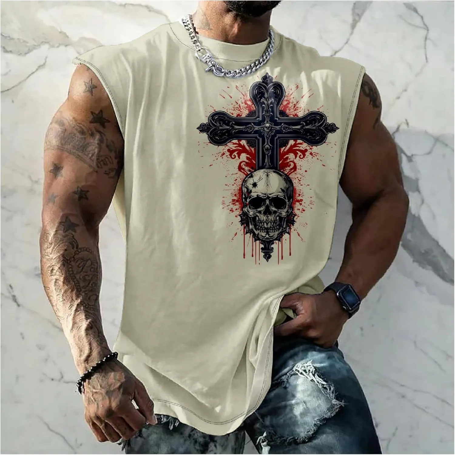 HOTYD Skull Print Graphic Tank Tops for Men Sleeveless Casual Cotton Shirts Big and Tall Muscle Shirts Bodybuilding Tank Tops