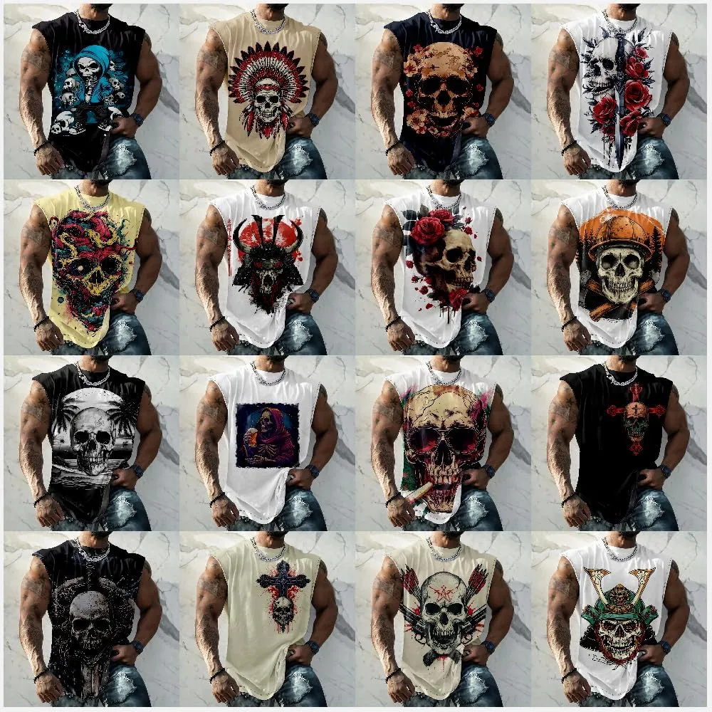 HOTYD Skull Print Graphic Tank Tops for Men Sleeveless Casual Cotton Shirts Big and Tall Muscle Shirts Bodybuilding Tank Tops