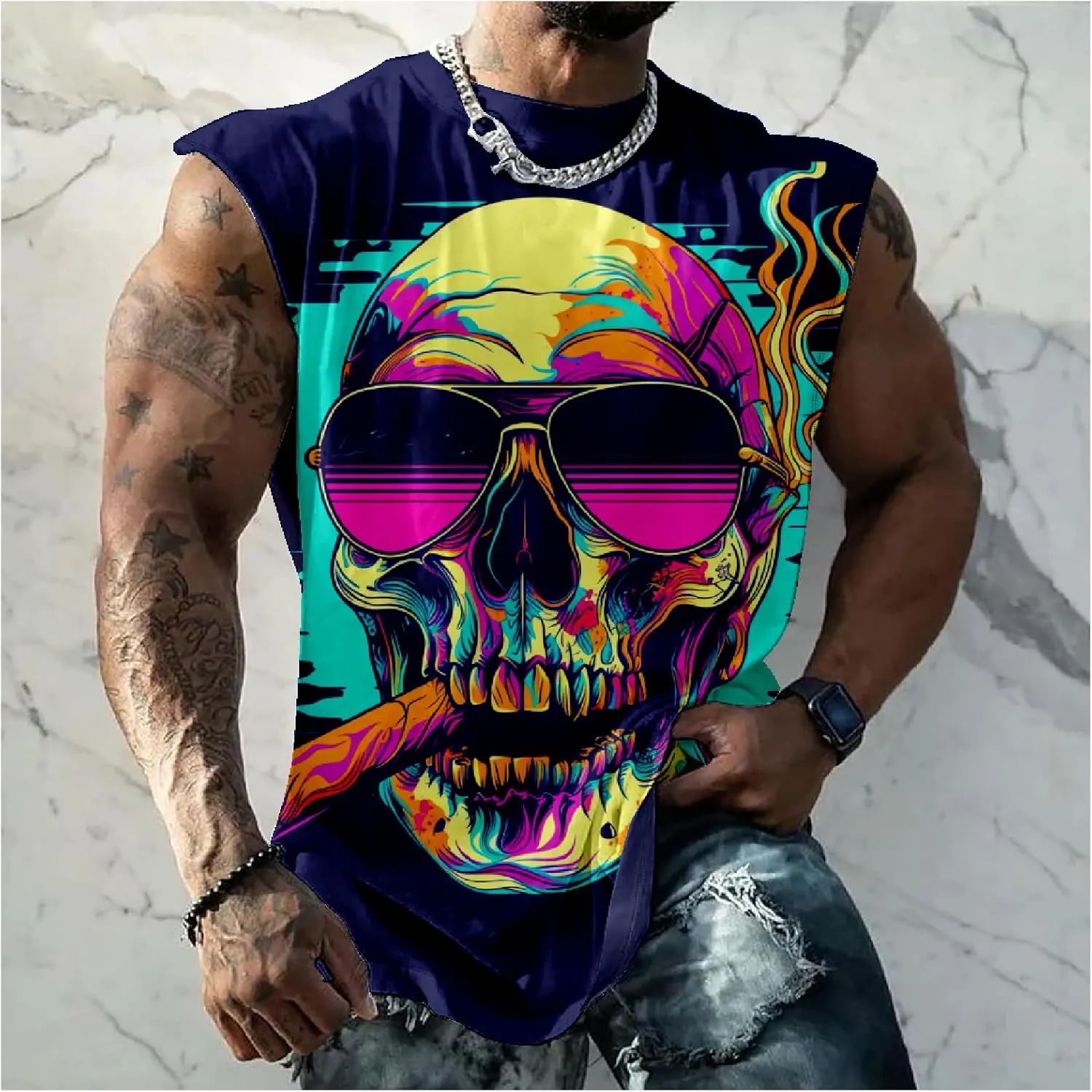 HOTYD Skull Print Graphic Tank Tops for Men Sleeveless Casual Cotton Shirts Big and Tall Muscle Shirts Bodybuilding Tank Tops