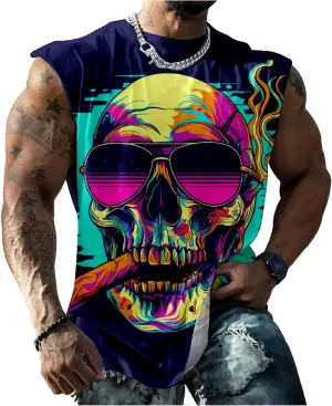 HOTYD Skull Print Graphic Tank Tops for Men Sleeveless Casual Cotton Shirts Big and Tall Muscle Shirts Bodybuilding Tank Tops