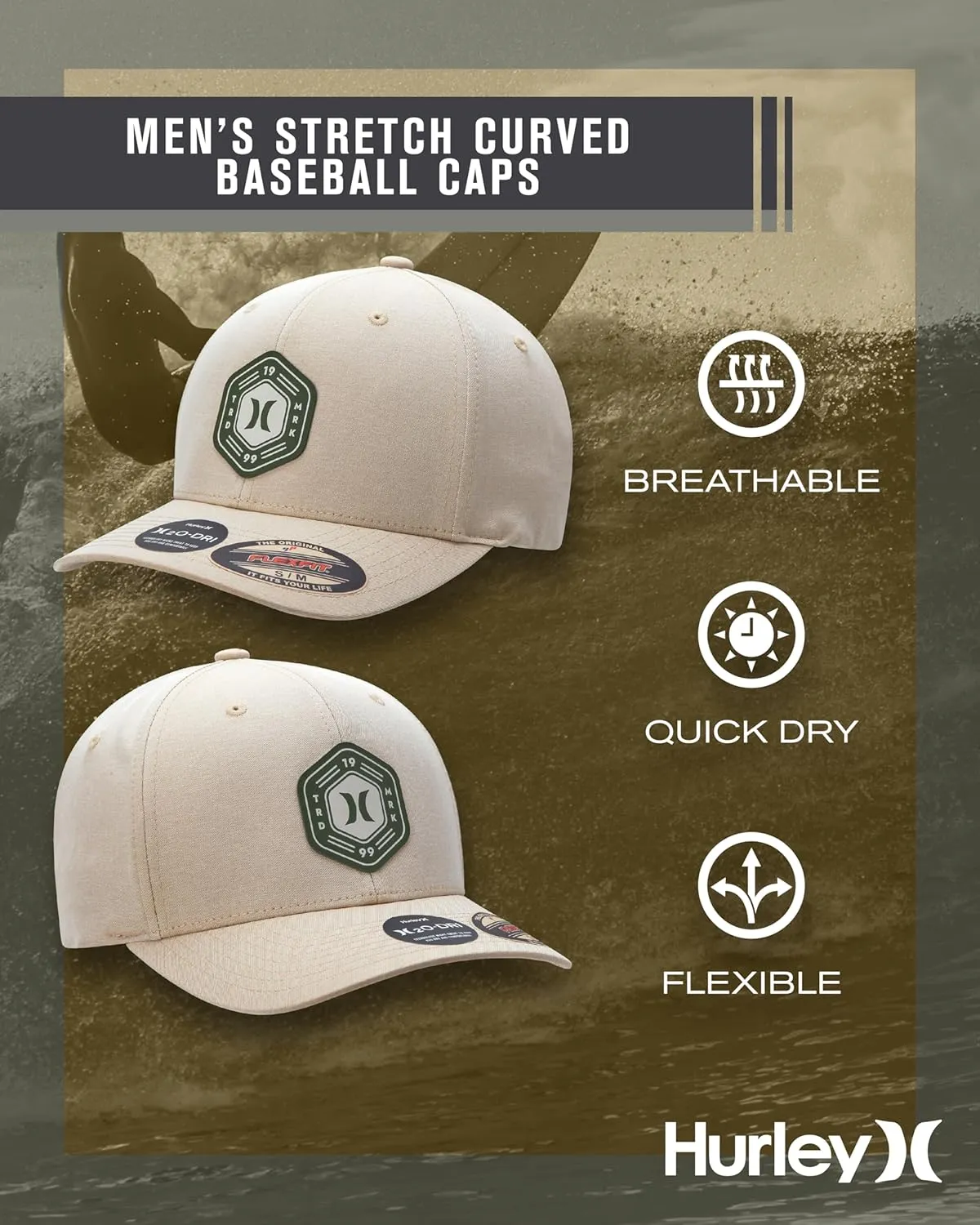 Hurley Men's Baseball Cap - Moisture-Wicking Quick-Dry Curved Bill Fitted Baseball Hats for Men (Sizes: S-XL)