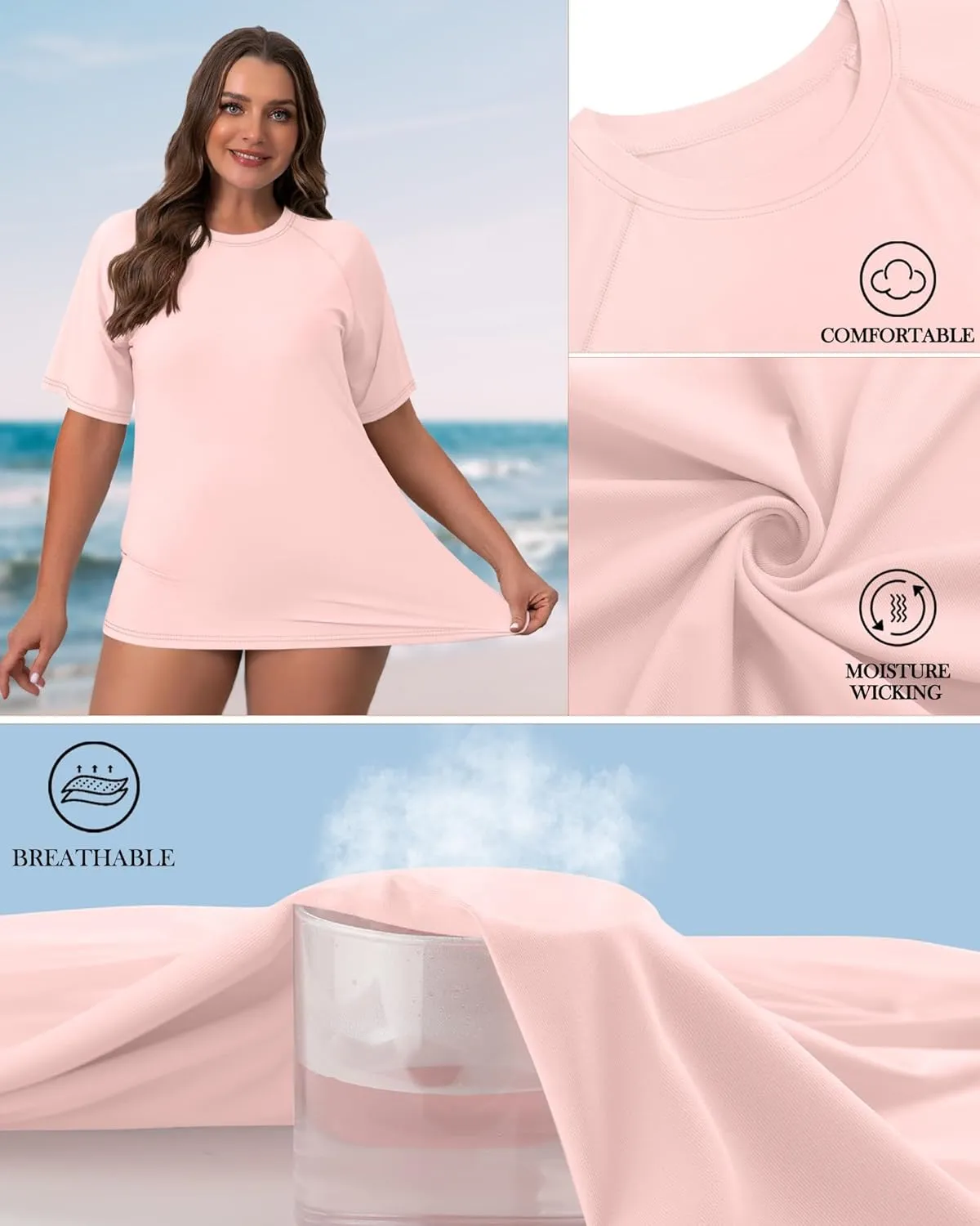 Huukeay 3 Pack Quick Dry Women's Plus Size Rash Guard Swim Shirts Short Sleeves Raglan Swimsuit T-Shirts Activewear Tops