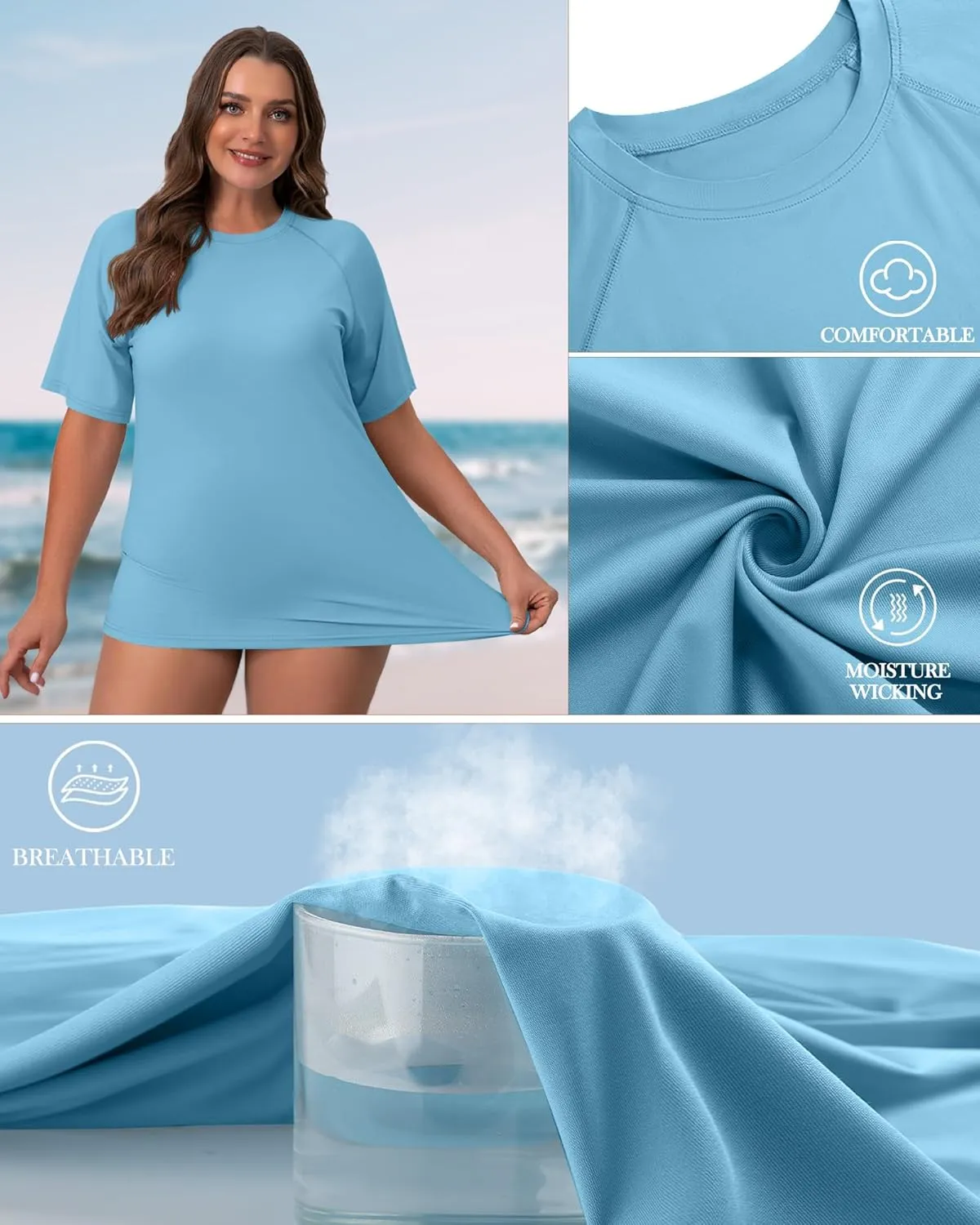 Huukeay 3 Pack Quick Dry Women's Plus Size Rash Guard Swim Shirts Short Sleeves Raglan Swimsuit T-Shirts Activewear Tops