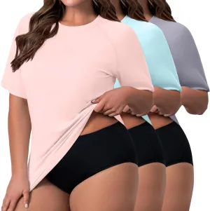 Huukeay 3 Pack Quick Dry Women's Plus Size Rash Guard Swim Shirts Short Sleeves Raglan Swimsuit T-Shirts Activewear Tops
