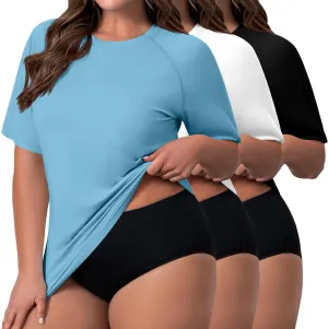 Huukeay 3 Pack Quick Dry Women's Plus Size Rash Guard Swim Shirts Short Sleeves Raglan Swimsuit T-Shirts Activewear Tops
