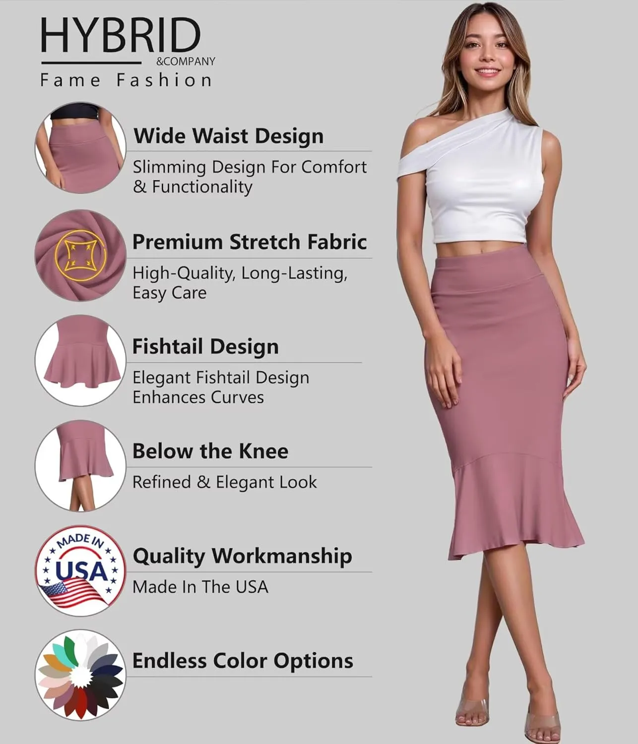 Hybrid & Company Womens Premium Nylon Ponte Stretch Office Fishtail Pencil Skirt High Waist Made in The USA Below Knee