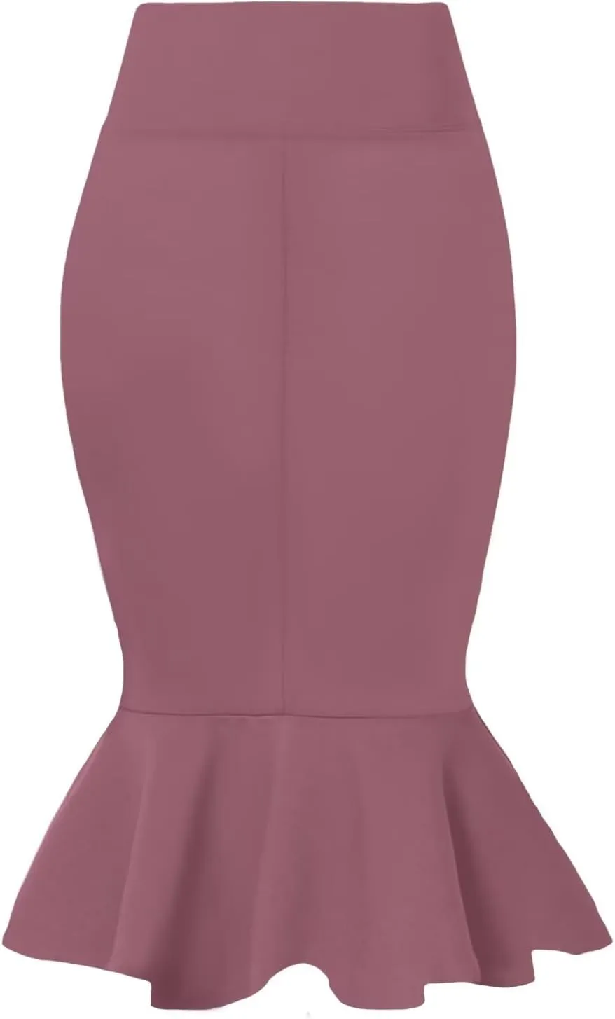 Hybrid & Company Womens Premium Nylon Ponte Stretch Office Fishtail Pencil Skirt High Waist Made in The USA Below Knee