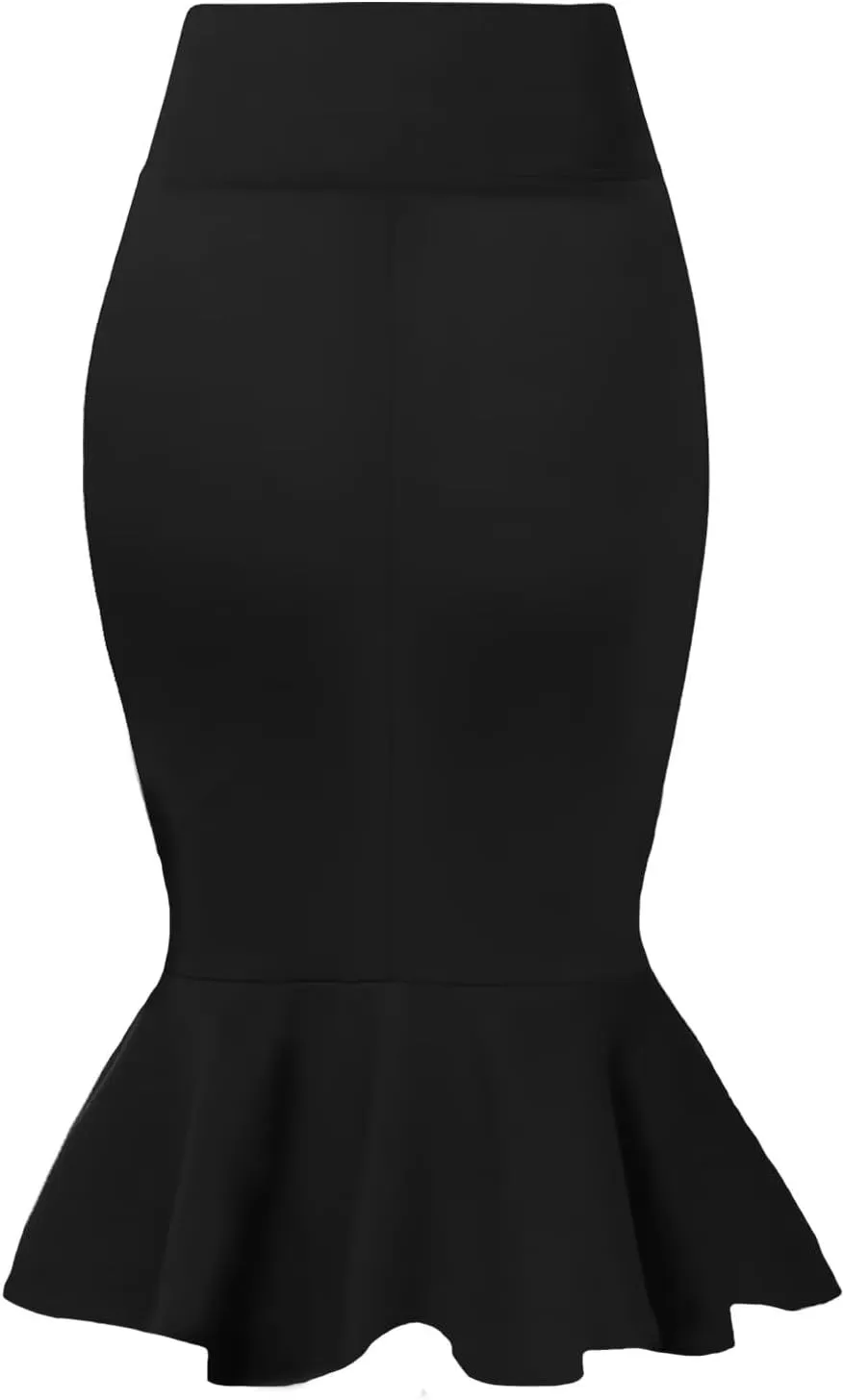 Hybrid & Company Womens Premium Nylon Ponte Stretch Office Fishtail Pencil Skirt High Waist Made in The USA Below Knee