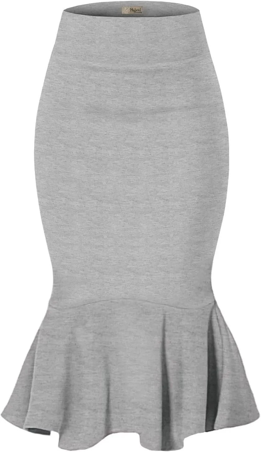 Hybrid & Company Womens Premium Nylon Ponte Stretch Office Fishtail Pencil Skirt High Waist Made in The USA Below Knee