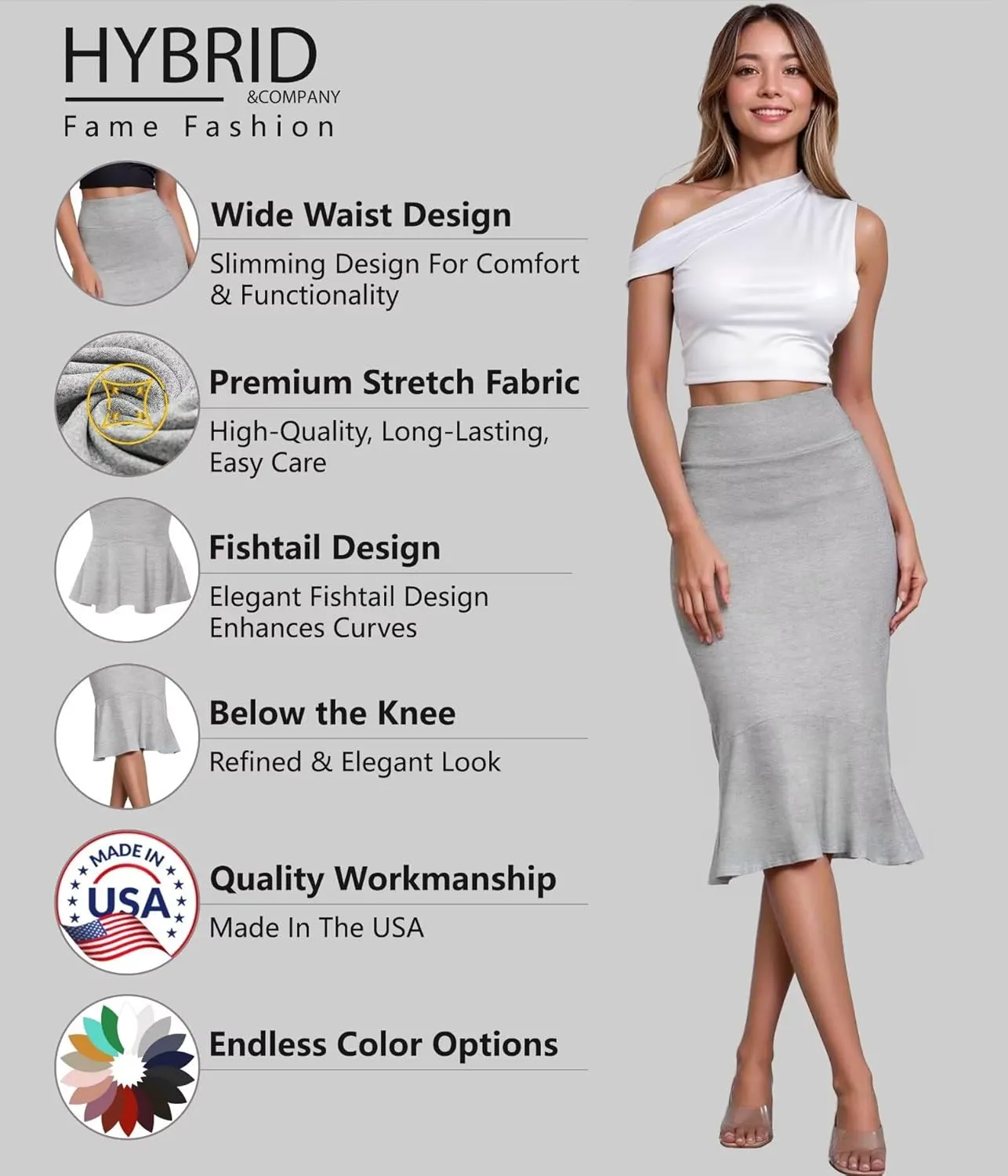 Hybrid & Company Womens Premium Nylon Ponte Stretch Office Fishtail Pencil Skirt High Waist Made in The USA Below Knee