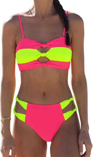 HYTENSUN Women's 2 Piece Bandeau Bikini Set Sexy Cutout Colorblock Swimsuit Bathing Suits with Removable Straps