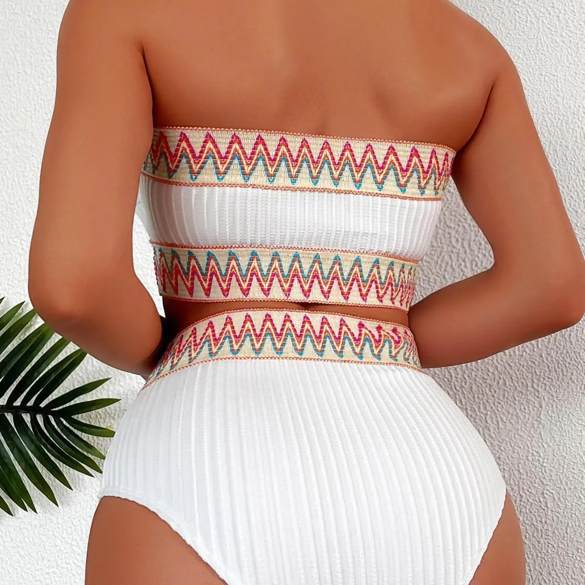 HYTENSUN Women's Bandeau High Waisted Bikini Patchwork Strapless Ribbed Swimsuits Two Piece Bathing Suits