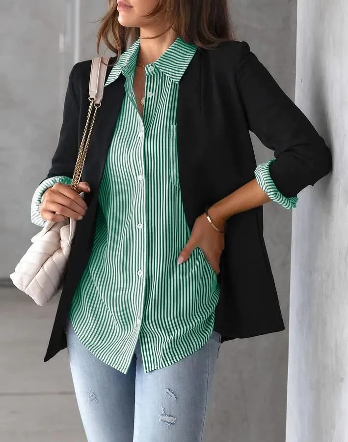 IBAOTORONI Women's Striped Button Down Shirts: Long Sleeve Office Casual Business Blouses with Pocket