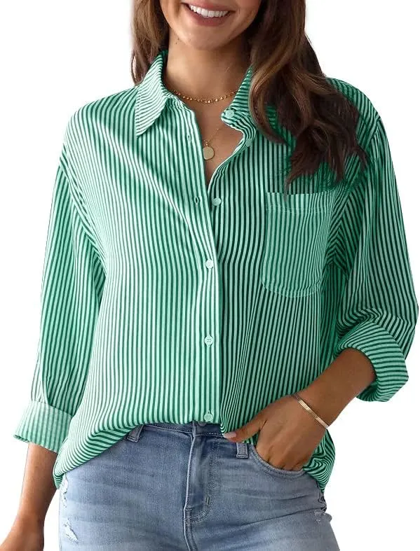 IBAOTORONI Women's Striped Button Down Shirts: Long Sleeve Office Casual Business Blouses with Pocket