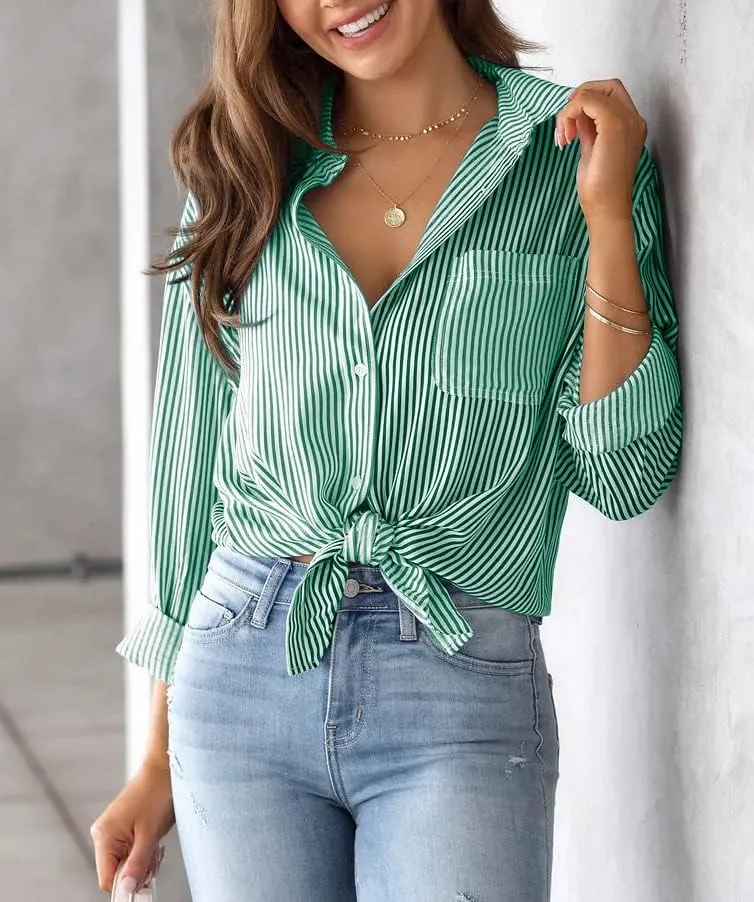 IBAOTORONI Women's Striped Button Down Shirts: Long Sleeve Office Casual Business Blouses with Pocket