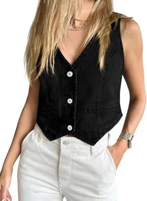 Imily Bela Womens Denim Vest Sleeveless V Neck Button Down Jean Waistcoat Jacket Y2K Summer Crop Tops