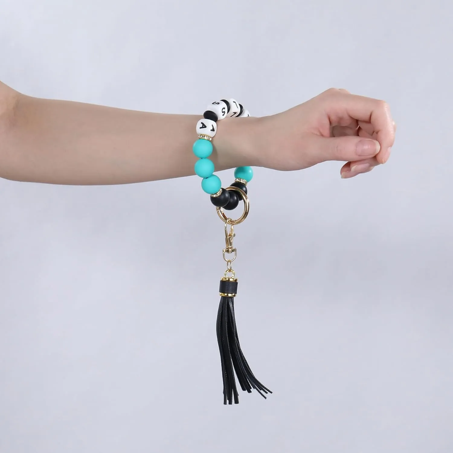 INBLUE Personalized Silicone Initials Bead Bracelet Keychain with Leather Tassel Key Accessory Gift for Women
