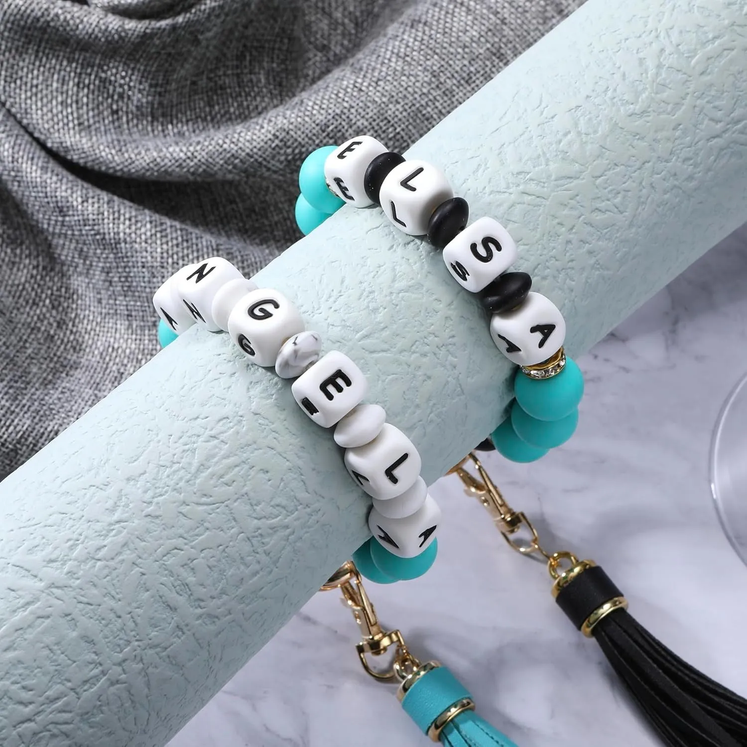 INBLUE Personalized Silicone Initials Bead Bracelet Keychain with Leather Tassel Key Accessory Gift for Women