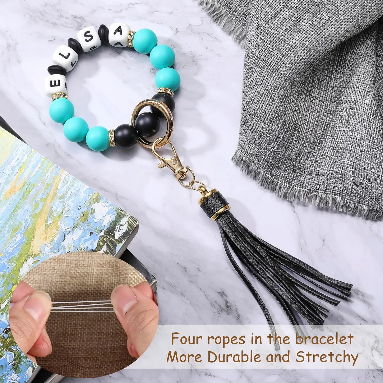 INBLUE Personalized Silicone Initials Bead Bracelet Keychain with Leather Tassel Key Accessory Gift for Women
