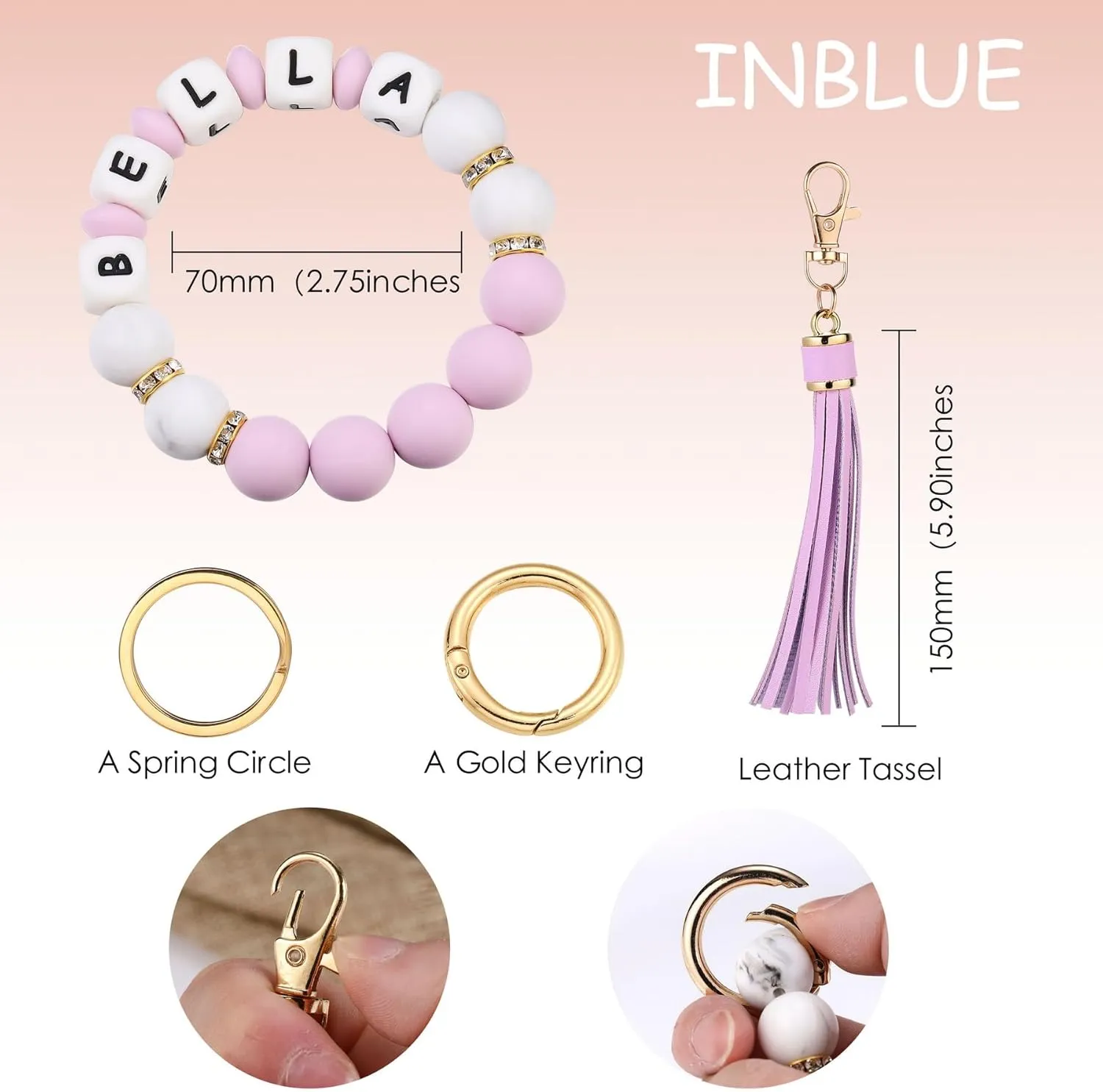 INBLUE Personalized Silicone Initials Bead Bracelet Keychain with Leather Tassel Key Accessory Gift for Women