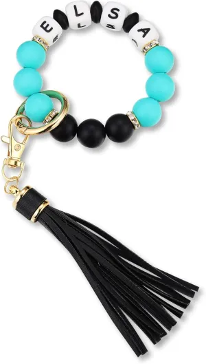 INBLUE Personalized Silicone Initials Bead Bracelet Keychain with Leather Tassel Key Accessory Gift for Women