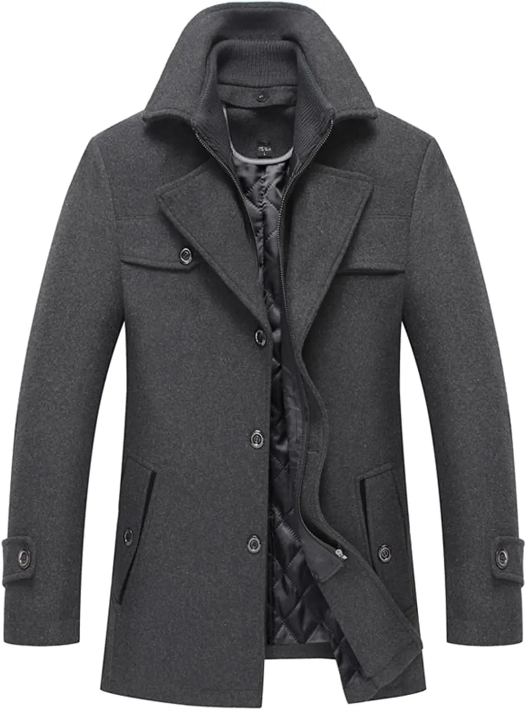 INVACHI Men's Wool Blend Coat Warm Winter Trench Coat with Detachable Soft Scarf Single Breasted Pea Coat