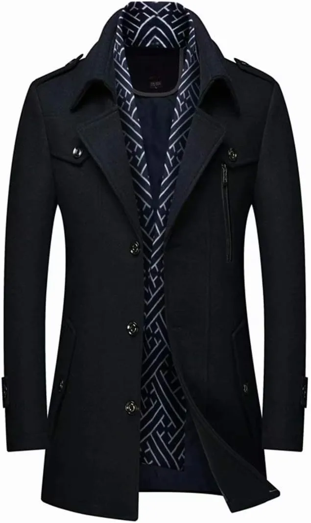 INVACHI Men's Wool Blend Coat Warm Winter Trench Coat with Detachable Soft Scarf Single Breasted Pea Coat