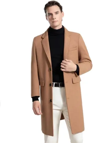 INVACHI Men's Wool Blend Long Trench Coat Slim Fit Business Overcoat Single Breasted Pea Coat with Notched Collar