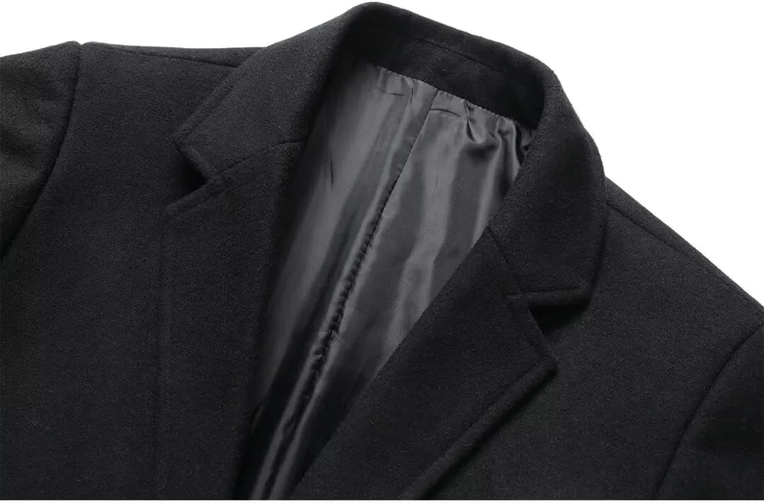 INVACHI Men's Wool Blend Long Trench Coat Slim Fit Business Overcoat Single Breasted Pea Coat with Notched Collar