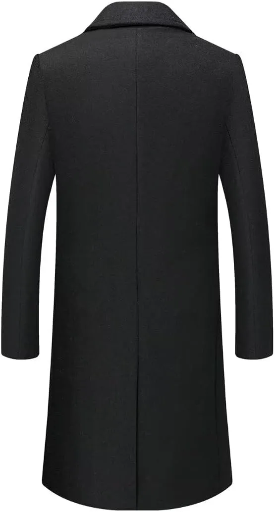 INVACHI Men's Wool Blend Long Trench Coat Slim Fit Business Overcoat Single Breasted Pea Coat with Notched Collar