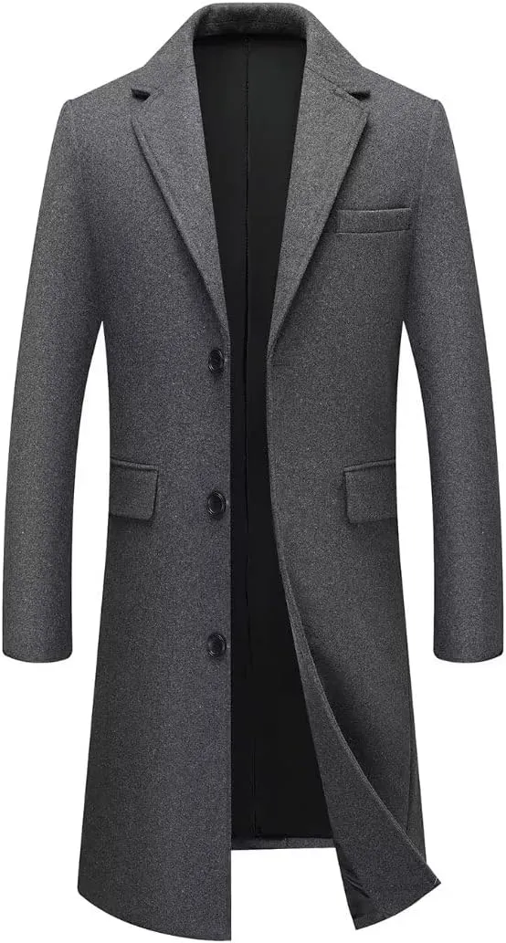 INVACHI Men's Wool Blend Long Trench Coat Slim Fit Business Overcoat Single Breasted Pea Coat with Notched Collar