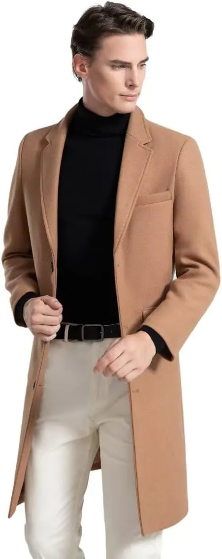 INVACHI Men's Wool Blend Long Trench Coat Slim Fit Business Overcoat Single Breasted Pea Coat with Notched Collar
