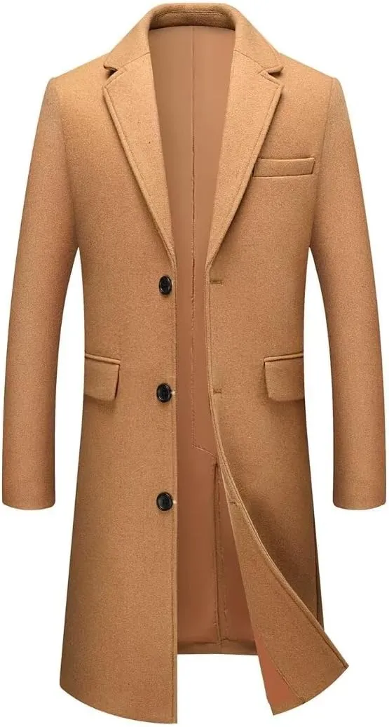 INVACHI Men's Wool Blend Long Trench Coat Slim Fit Business Overcoat Single Breasted Pea Coat with Notched Collar