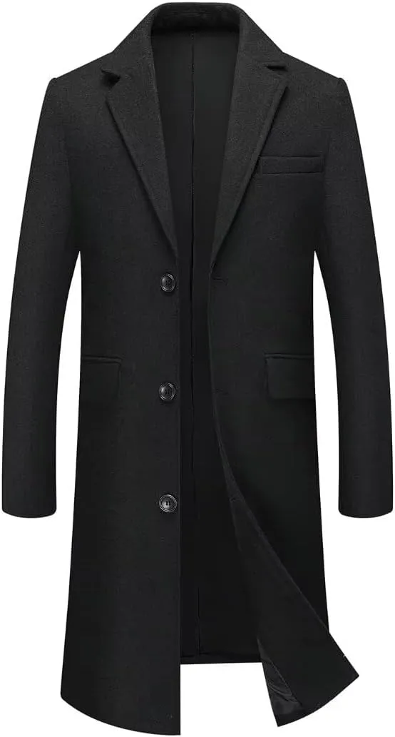 INVACHI Men's Wool Blend Long Trench Coat Slim Fit Business Overcoat Single Breasted Pea Coat with Notched Collar