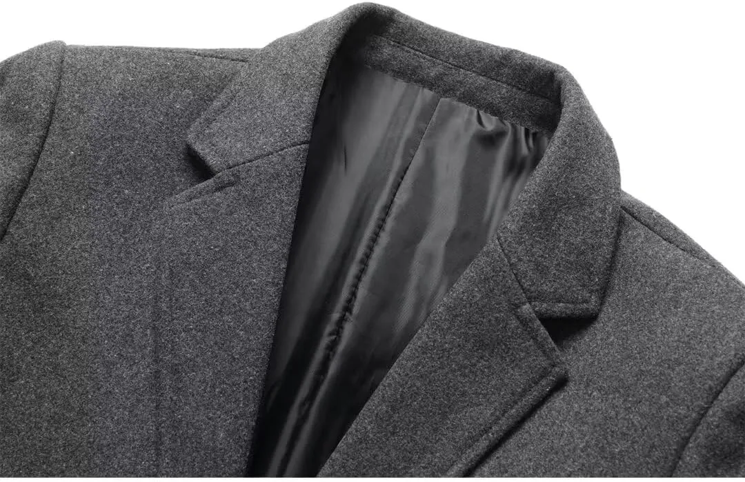 INVACHI Men's Wool Blend Long Trench Coat Slim Fit Business Overcoat Single Breasted Pea Coat with Notched Collar