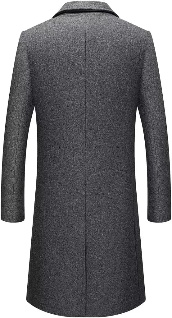 INVACHI Men's Wool Blend Long Trench Coat Slim Fit Business Overcoat Single Breasted Pea Coat with Notched Collar