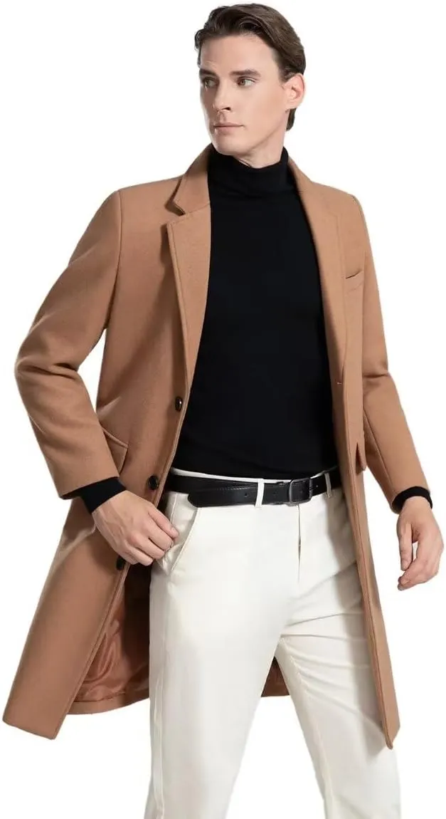 INVACHI Men's Wool Blend Long Trench Coat Slim Fit Business Overcoat Single Breasted Pea Coat with Notched Collar